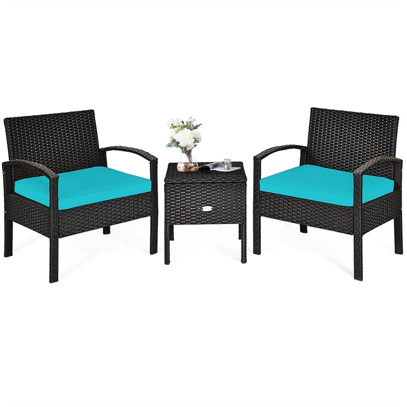 3PCS Rattan Patio Furniture Set Outdoor Bistro Set with Cushions & Storage Table, Wicker Sofa Chair Conversation Set for Balcony Porch