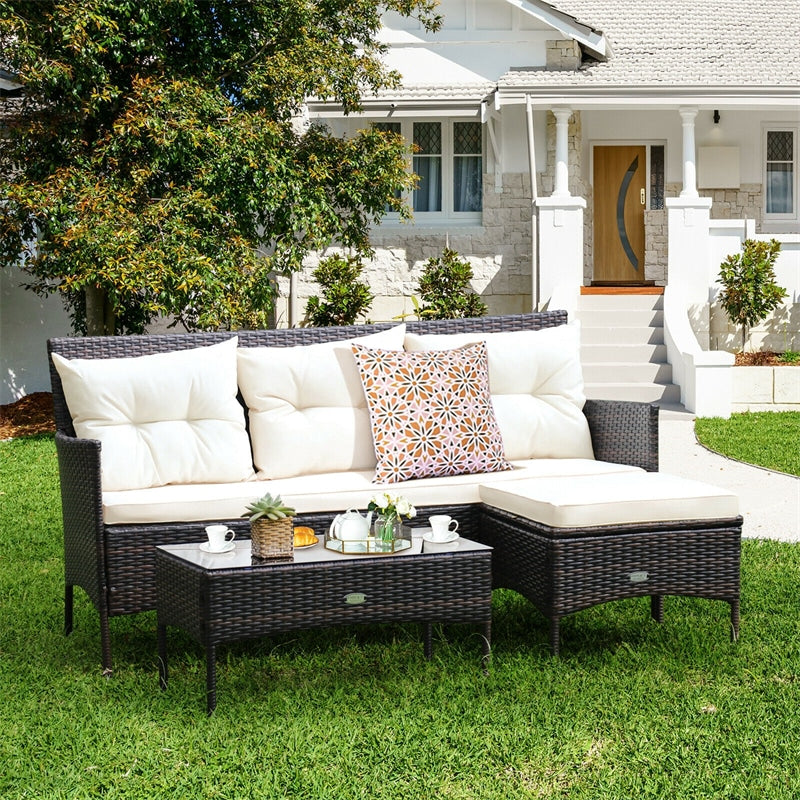 3PCS Patio Rattan Furniture Set Wicker Conversation Set Outdoor 3-Seat Sofa Seating Group with Tempered Glass Table, Seat & Back Cushions