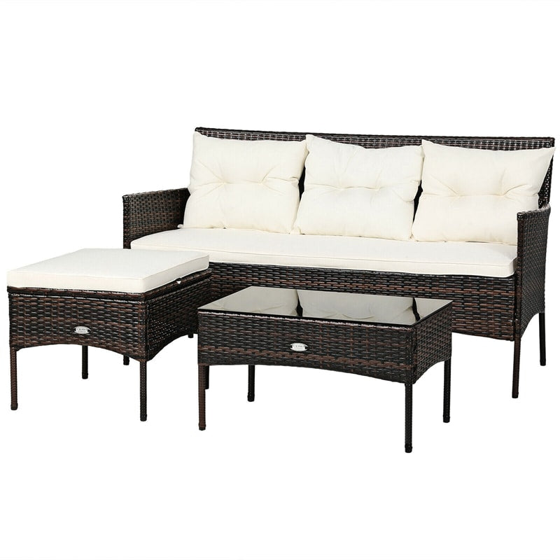 3PCS Patio Rattan Furniture Set Wicker Conversation Set Outdoor 3-Seat Sofa Seating Group with Tempered Glass Table, Seat & Back Cushions