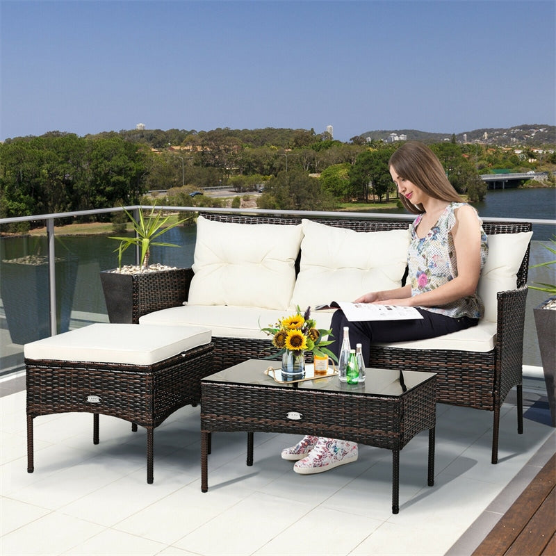 3PCS Patio Rattan Furniture Set Wicker Conversation Set Outdoor 3-Seat Sofa Seating Group with Tempered Glass Table, Seat & Back Cushions