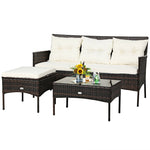 3PCS Patio Rattan Furniture Set Wicker Conversation Set Outdoor 3-Seat Sofa Seating Group with Tempered Glass Table, Seat & Back Cushions