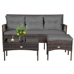 3PCS Patio Rattan Furniture Set Wicker Conversation Set Outdoor 3-Seat Sofa Seating Group with Tempered Glass Table, Seat & Back Cushions