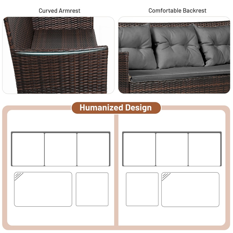 3PCS Patio Rattan Furniture Set Wicker Conversation Set Outdoor 3-Seat Sofa Seating Group with Tempered Glass Table, Seat & Back Cushions