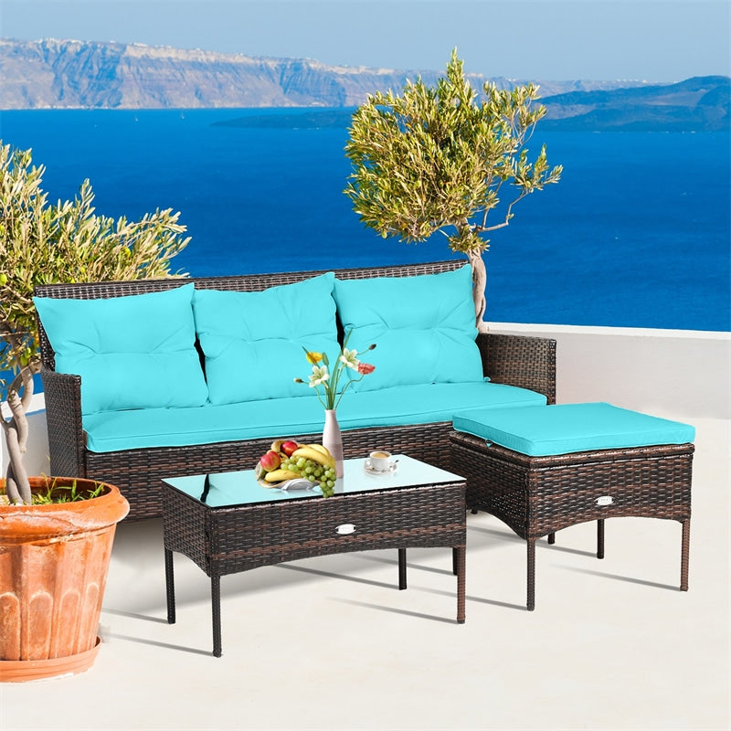 3PCS Patio Rattan Furniture Set Wicker Conversation Set Outdoor 3-Seat Sofa Seating Group with Tempered Glass Table, Seat & Back Cushions