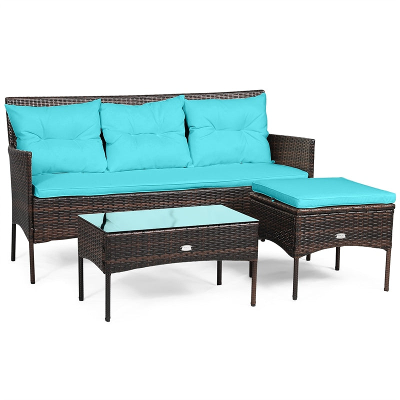 3PCS Patio Rattan Furniture Set Wicker Conversation Set Outdoor 3-Seat Sofa Seating Group with Tempered Glass Table, Seat & Back Cushions