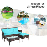 3PCS Patio Rattan Furniture Set Wicker Conversation Set Outdoor 3-Seat Sofa Seating Group with Tempered Glass Table, Seat & Back Cushions