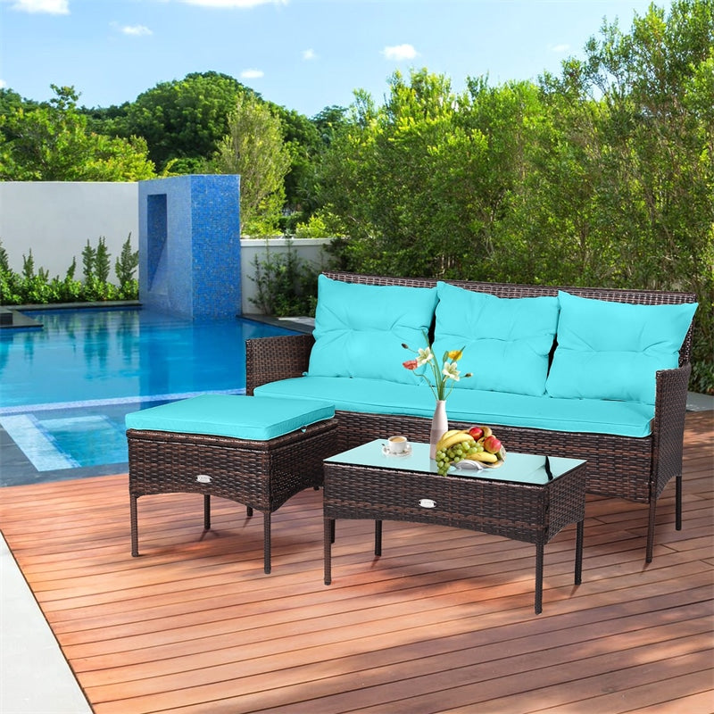 3PCS Patio Rattan Furniture Set Wicker Conversation Set Outdoor 3-Seat Sofa Seating Group with Tempered Glass Table, Seat & Back Cushions