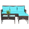 3PCS Patio Rattan Furniture Set Wicker Conversation Set Outdoor 3-Seat Sofa Seating Group with Tempered Glass Table, Seat & Back Cushions