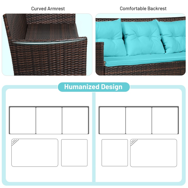 3PCS Patio Rattan Furniture Set Wicker Conversation Set Outdoor 3-Seat Sofa Seating Group with Tempered Glass Table, Seat & Back Cushions