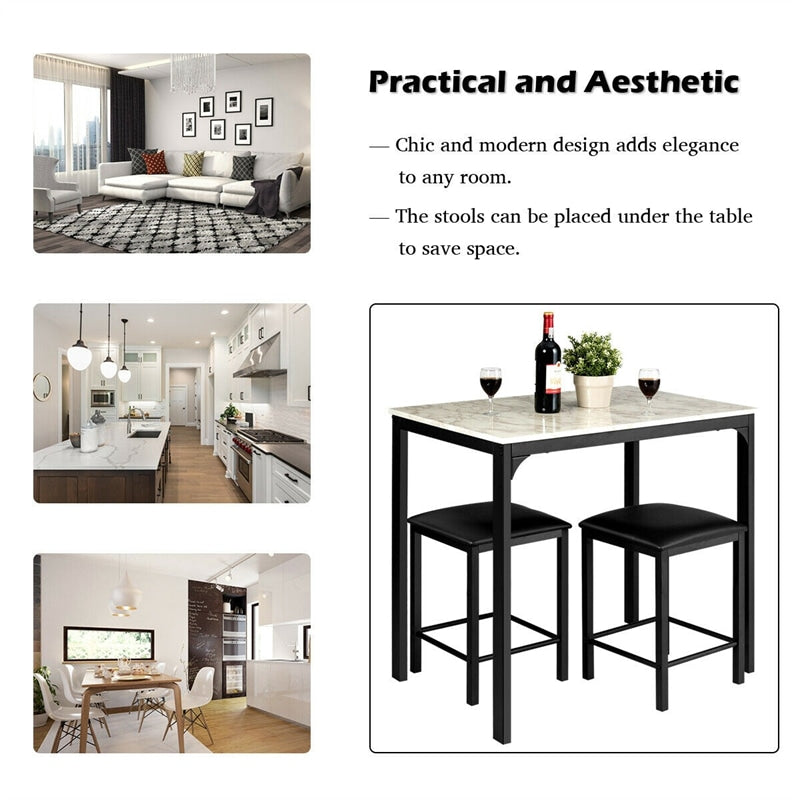 3 Pcs Counter Height Dining Set with Faux Marble Top Table & Cushioned Stools