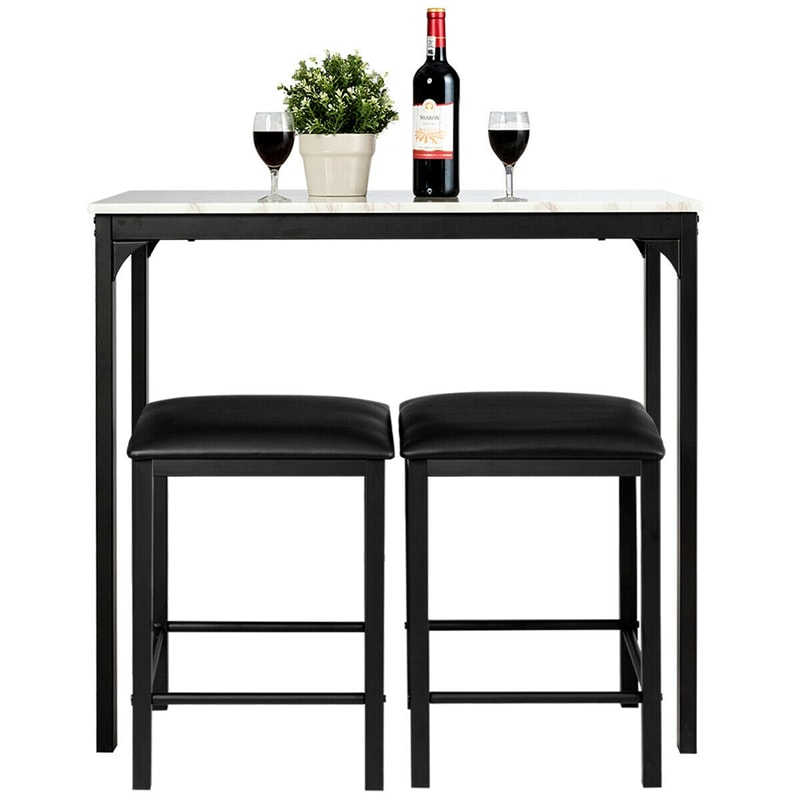 3 Pcs Counter Height Dining Set with Faux Marble Top Table & Cushioned Stools