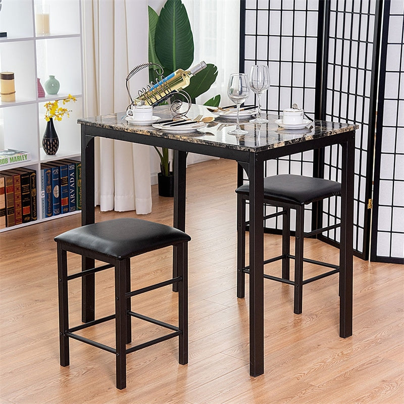 3 Pcs Counter Height Dining Set with Faux Marble Top Table & Cushioned Stools