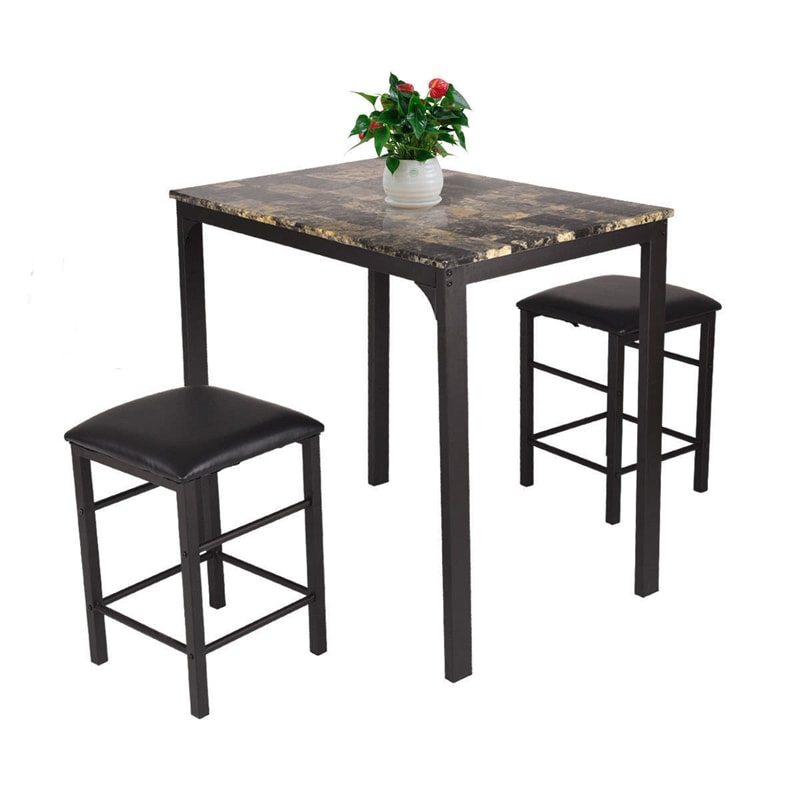 3 Pcs Counter Height Dining Set with Faux Marble Top Table & Cushioned Stools