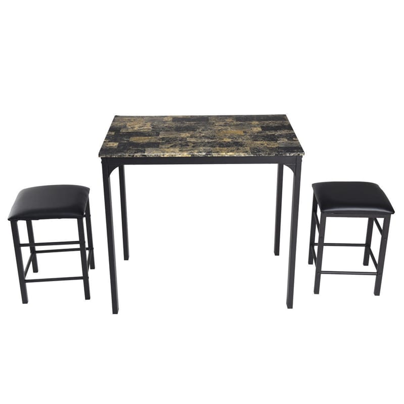 3 Pcs Counter Height Dining Set with Faux Marble Top Table & Cushioned Stools