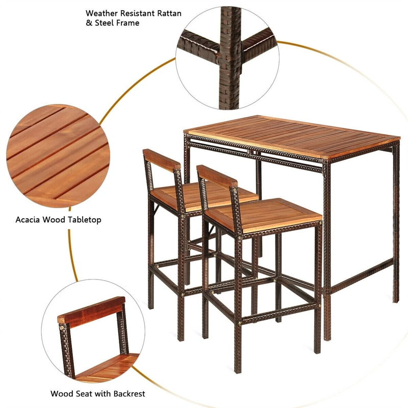 3 Pcs Rattan Outdoor Bar Height Bistro Set Acacia Wood Patio Dining Table Set with 2 Bar Stools