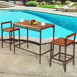 3 Pcs Rattan Outdoor Bar Height Bistro Set Acacia Wood Patio Dining Table Set with 2 Bar Stools