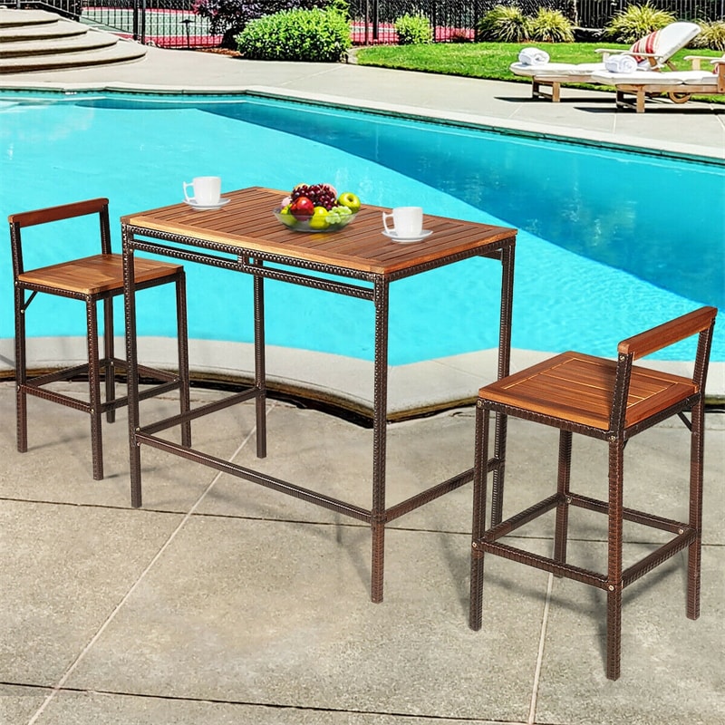 3 Pcs Rattan Outdoor Bar Height Bistro Set Acacia Wood Patio Dining Table Set with 2 Bar Stools