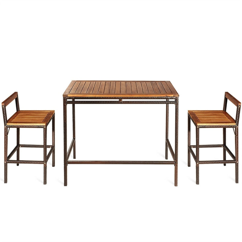 3 Pcs Rattan Outdoor Bar Height Bistro Set Acacia Wood Patio Dining Table Set with 2 Bar Stools