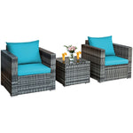 3 Piece Patio Rattan Conversation Set Wicker Bistro Set with Washable Cushions & Tempered Glass Top Table