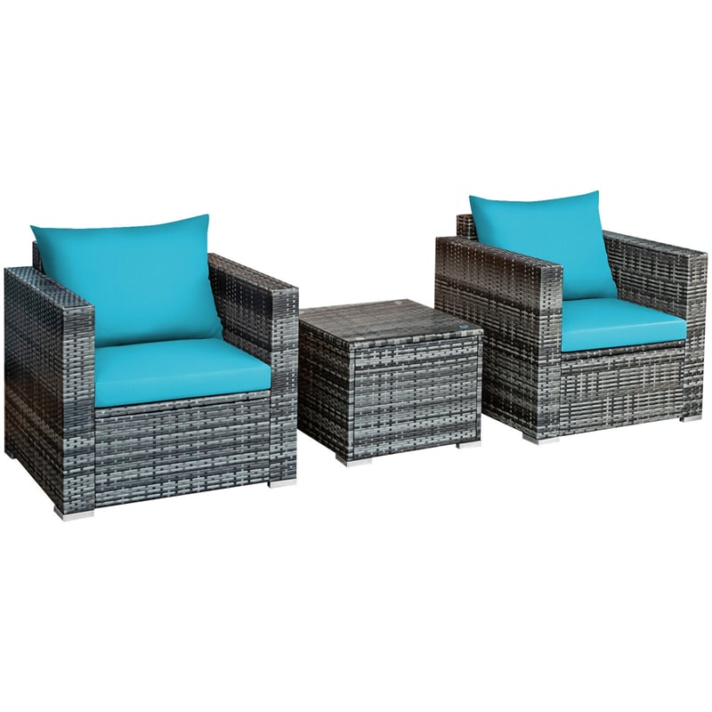 3 Piece Patio Rattan Conversation Set Wicker Bistro Set with Washable Cushions & Tempered Glass Top Table