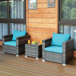 3 Piece Patio Rattan Conversation Set Wicker Bistro Set with Washable Cushions & Tempered Glass Top Table