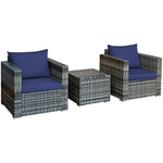 3 Piece Patio Rattan Conversation Set Wicker Bistro Set with Washable Cushions & Tempered Glass Top Table