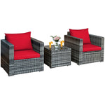 3 Piece Patio Rattan Conversation Set Wicker Bistro Set with Washable Cushions & Tempered Glass Top Table