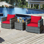 3 Piece Patio Rattan Conversation Set Wicker Bistro Set with Washable Cushions & Tempered Glass Top Table