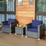 3 Piece Patio Rattan Conversation Set Wicker Bistro Set with Washable Cushions & Tempered Glass Top Table