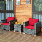 3 Piece Patio Rattan Conversation Set Wicker Bistro Set with Washable Cushions & Tempered Glass Top Table