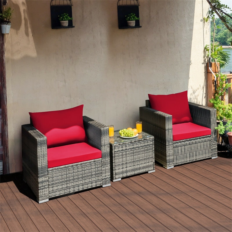 3 Piece Patio Rattan Conversation Set Wicker Bistro Set with Washable Cushions & Tempered Glass Top Table