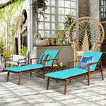 3PCS Outdoor Chaise Lounge Set with Rattan Folding Table, Acacia Wood Frame Patio Lounge Chairs w/ Adjustable Backrests, Armrests, Cushions