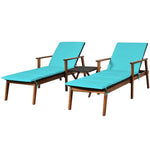 3PCS Outdoor Chaise Lounge Set with Rattan Folding Table, Acacia Wood Frame Patio Lounge Chairs w/ Adjustable Backrests, Armrests, Cushions