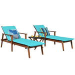 3PCS Outdoor Chaise Lounge Set with Rattan Folding Table, Acacia Wood Frame Patio Lounge Chairs w/ Adjustable Backrests, Armrests, Cushions