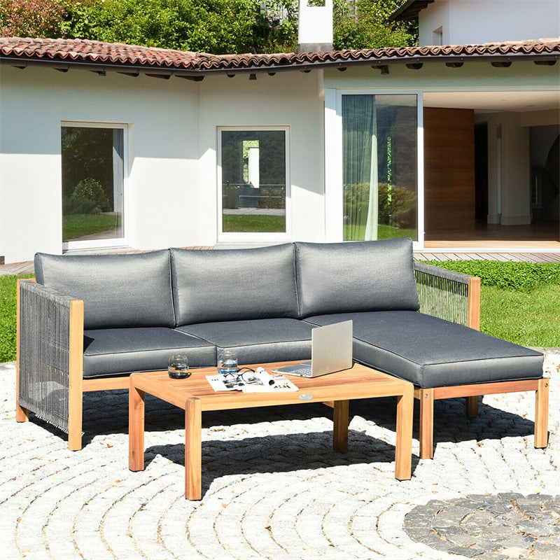 3 Piece Acacia Wood Patio Sofa Set L-Shape Outdoor Furniture Set Garden Conversation Set with 2 Loveseats, Coffee Table, Back & Seat Cushions