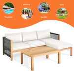 3 Piece Acacia Wood Patio Sofa Set L-Shape Outdoor Furniture Set Garden Conversation Set with 2 Loveseats, Coffee Table, Back & Seat Cushions