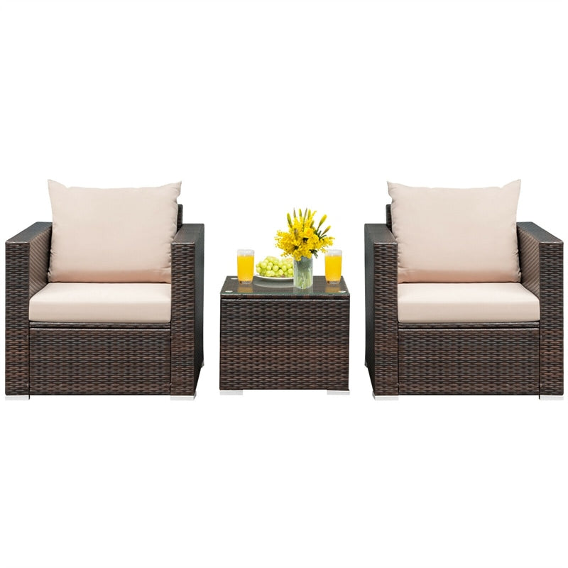 3 Piece PE Rattan Wicker Patio Conversation Sofa Set for Garden Poolside Balcony