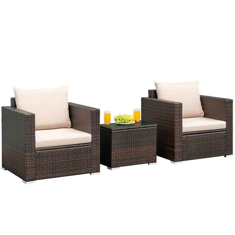 3 Piece PE Rattan Wicker Patio Conversation Sofa Set for Garden Poolside Balcony