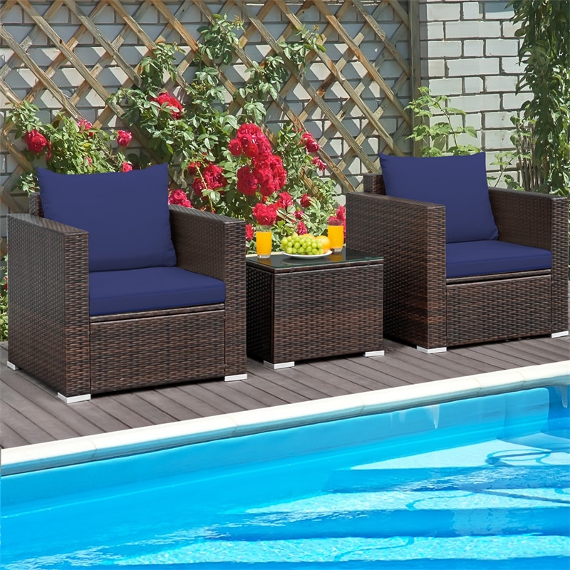 3 Piece PE Rattan Wicker Patio Conversation Sofa Set for Garden Poolside Balcony