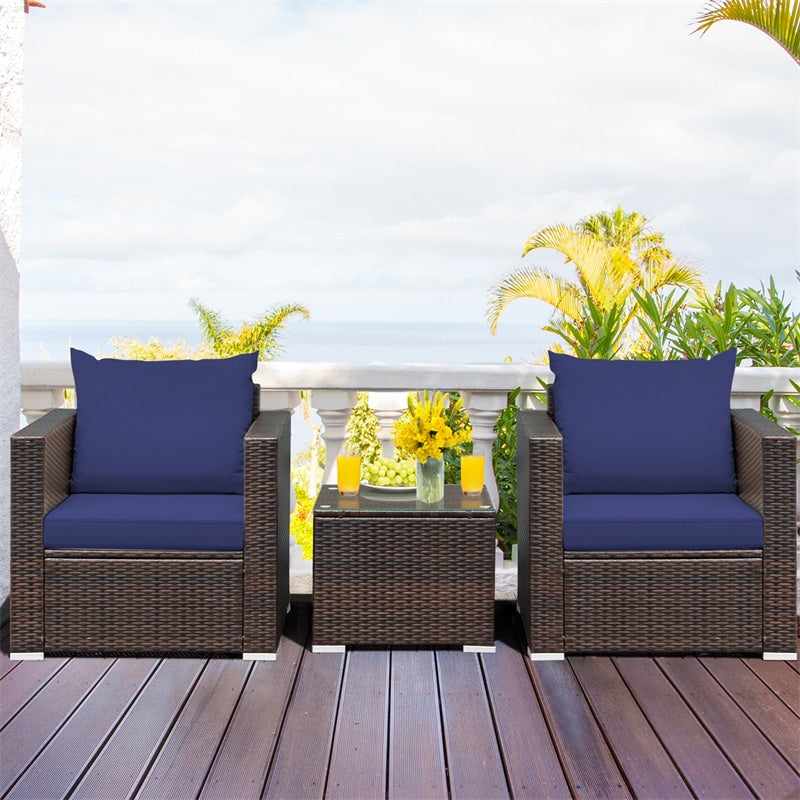 3 Piece PE Rattan Wicker Patio Conversation Sofa Set for Garden Poolside Balcony