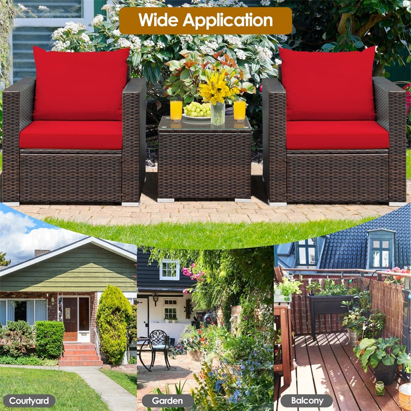 3 Piece PE Rattan Wicker Patio Conversation Sofa Set for Garden Poolside Balcony