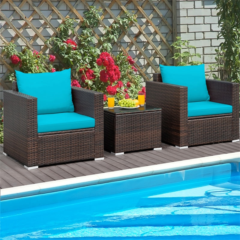 3 Piece PE Rattan Wicker Patio Conversation Sofa Set for Garden Poolside Balcony