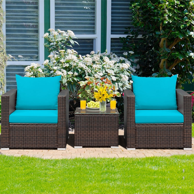 3 Piece PE Rattan Wicker Patio Conversation Sofa Set for Garden Poolside Balcony