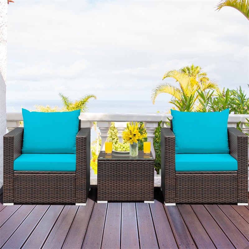 3 Piece PE Rattan Wicker Patio Conversation Sofa Set for Garden Poolside Balcony