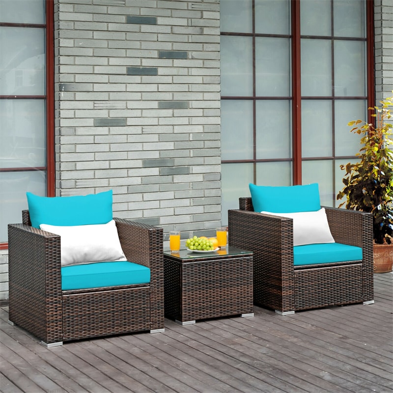 3 Piece PE Rattan Wicker Patio Conversation Sofa Set for Garden Poolside Balcony