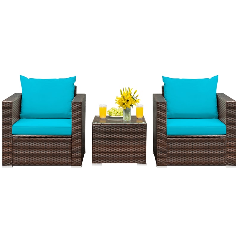 3 Piece PE Rattan Wicker Patio Conversation Sofa Set for Garden Poolside Balcony