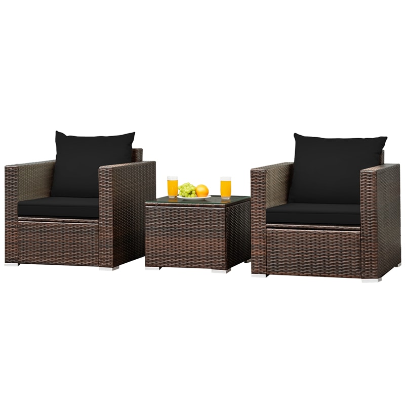 3 Piece PE Rattan Wicker Patio Conversation Sofa Set for Garden Poolside Balcony