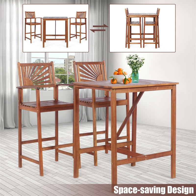 Bestoutdor 3 Piece Acacia Wood Bar Height Bistro Set Patio Bar Dining Set with 2 Bar Stools