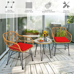 3 Piece Rattan Patio Bistro Set Wicker Conversation Set with Glass Coffee Table & Cushioned Armchairs