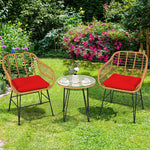 3 Piece Rattan Patio Bistro Set Wicker Conversation Set with Glass Coffee Table & Cushioned Armchairs